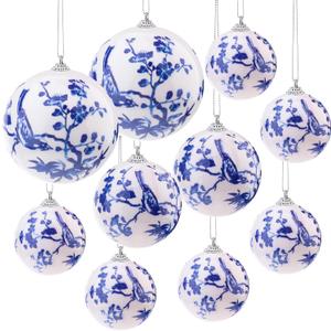 10 Pcs Chinoiserie Ornaments Ball White Blue Hanging Christmas Plastics Ball Decoration DIY Party Xmas Tree House Holiday Wedding Party Garden Baubles Decor