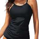 Womens Tankini Tops High Neck Bathing Suit Tops Slim Fit Ruched Swim Tops Only UPF50+
 (Medium, Black)
