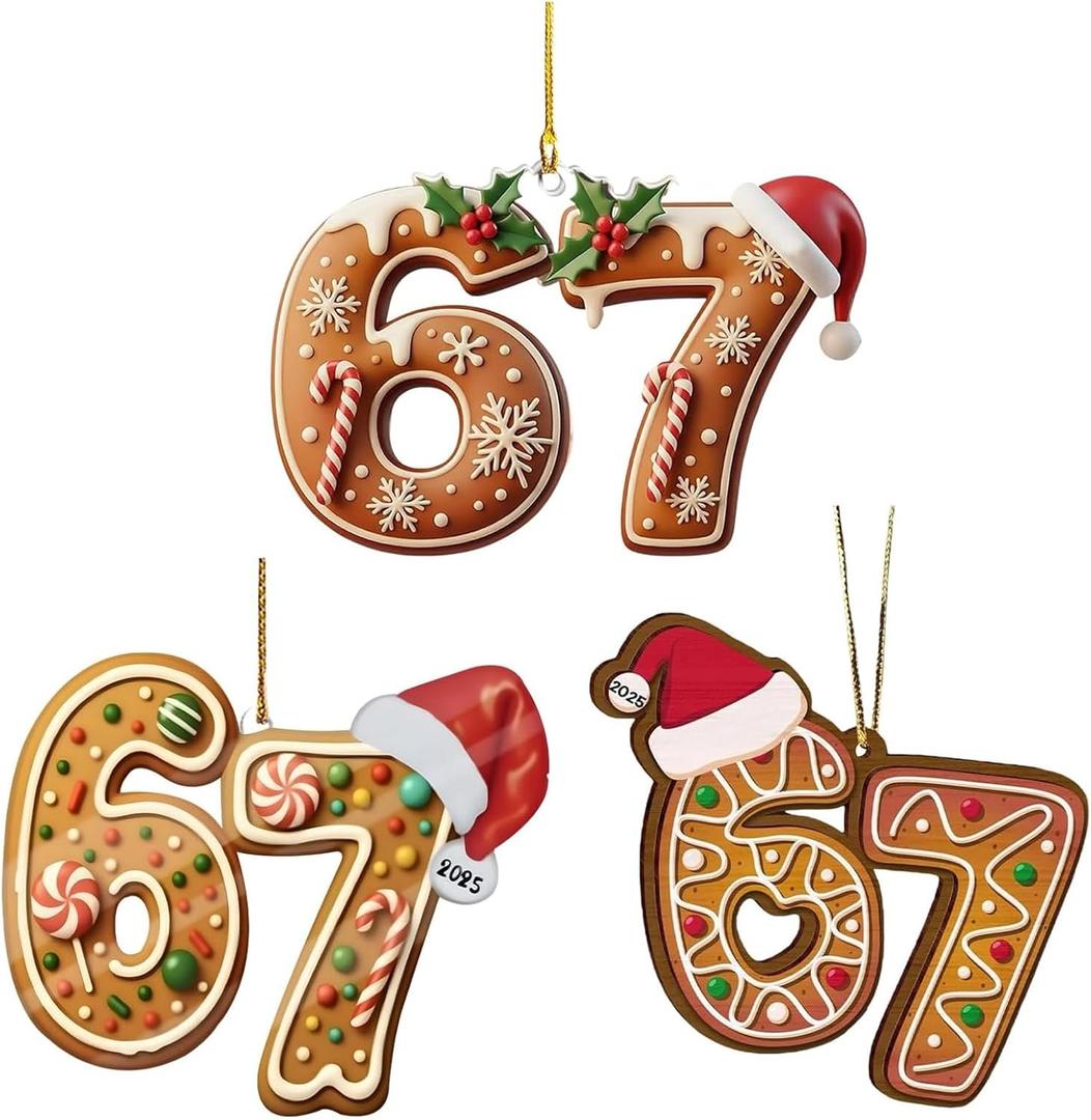 3PCS 67 Meme Funny Christmas Ornaments 2025, 6 7 Ornament, Santa Ornaments for Christmas Tree, 6 7 Acrylic Ornament, 67 Gifts for Teen (C)