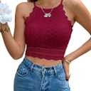 WDIRARA Women's Eyelet Halter Crop Top Lace Embroidery Slim Fitted Tops Solid Red, X-Small