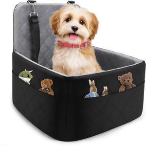 Dog Car Seat for Small/Medium Dogs,Pet Dog Booster Car Seat Puppy 15-35 lbs with Soft 4+2in Detachable Pads Detachable Elevated Cushion and Washable Cover Safety Belt Storage Pockets Easy to Install