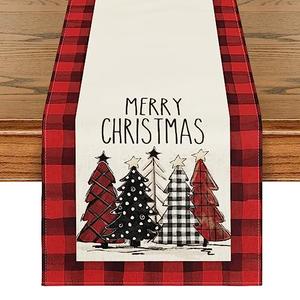 Artoid Mode Watercolor Red and Black Buffalo Plaid Christmas Trees Merry Xmas Table Runner, Seasonal Winter Holiday Kitchen Dining Table Decoration for Indoor Outdoor Home Party Decor 13 x 48 Inch