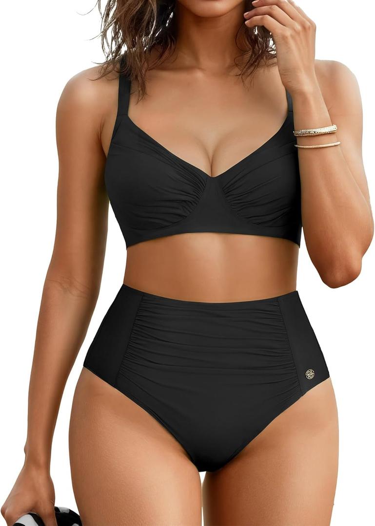 Popilush High Waisted Bikini Sets for Women Tummy Control Shapewear Swimsuit Ruched Push Up Two Piece Bathing Suit (X-Large, Black)