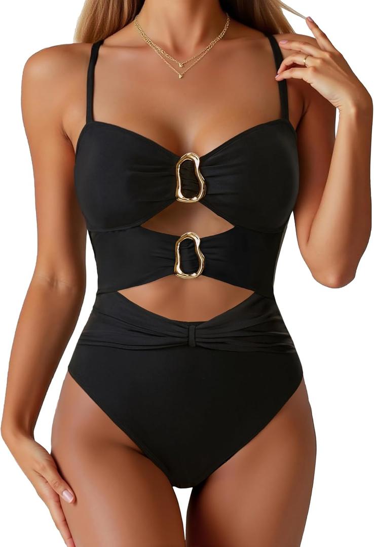 One Piece Swimsuit for Women with Metal Ring Swim Suit Sexy Bathing Suit Cutout Monokini 2025 (Large, Black)