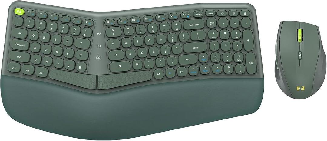 seenda Ergonomic Wireless Keyboard and Mouse Combo - 2.4GHz USB Receiver, Split Keyboard Layout with Wrist Rest, 3-Level Optical Mouse with 6 Button - for Windows and Mac, Green