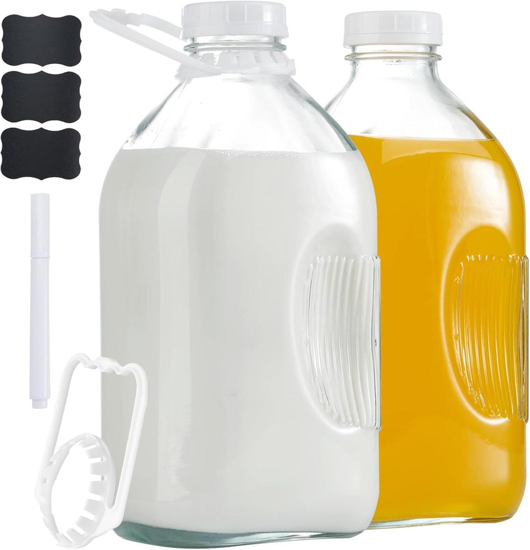 Glass Milk Jugs Bottles - Half Gallon / 2Qt Container Pitcher with Airtight Screw Lids and Handle for Milk, Breastmilk, Juice, Iced Tea, Cold Water, 64 OZ Set of 2