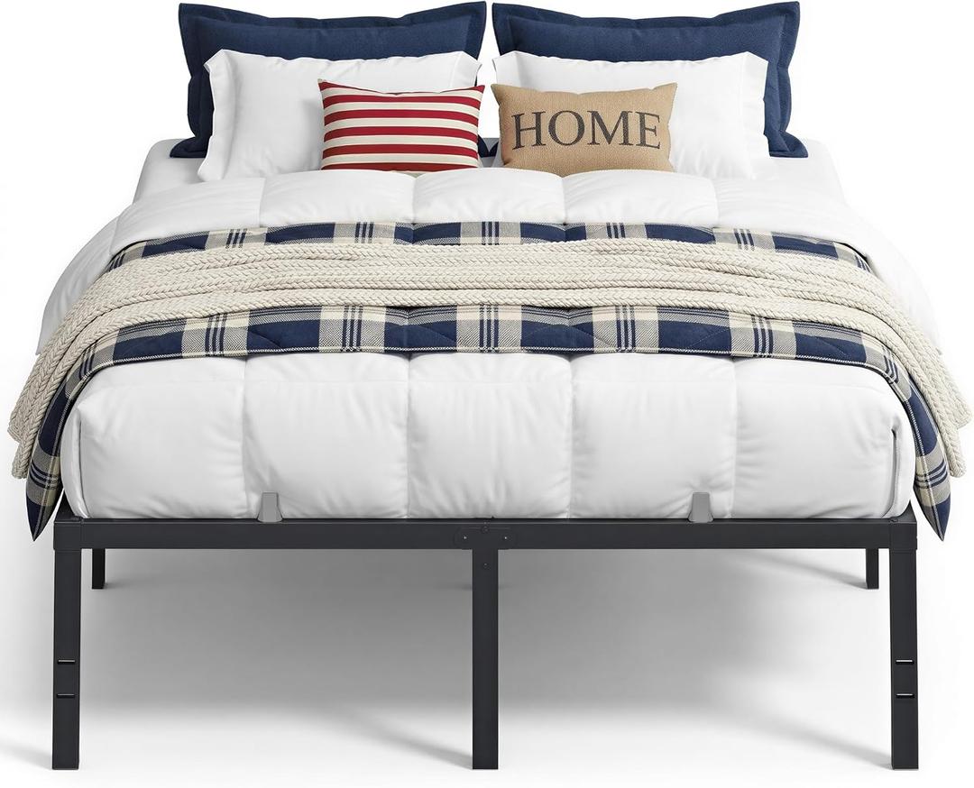 VASAGLE Queen Metal Bed Frame 18 Inches Tall, 1100 lb Weight Capacity, No Box Spring Needed, with Under-Bed Storage, Easy Setup, Heavy-Duty Platform Bed, Mattress Retainers, Matte Black URMB671BD02S