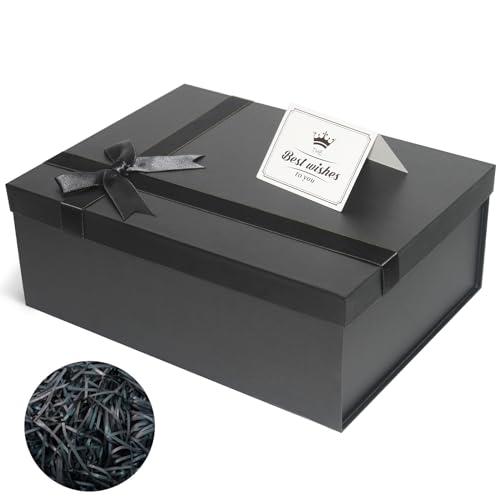Eerbaier Large Gift Box with Lid 13 x 9.9 x 5 Inches - Black Gift Wrap Box with Ribbon Row, Card & Shredded Paper Filler - Ideal Gift Box for Presents Wrapping