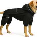 LOVELONGLONG Fleece-Lined Dog Raincoat with Removable Hood Waterproof Winter Full Body Dog Jacket Windproof Snowproof Cold-Weather Suit Black-F (Back 16.5") Large