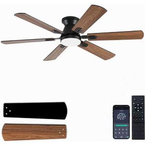 KNUN 56 inch Ceiling Fans with Lights, Brown Flush Mount Ceiling fan with Light and Remote/APP Control, 3CCT, Dimmable, Noiseless, Low Profile Ceiling Fan for Bedroom, Patio, Indoor/Outdoor Use