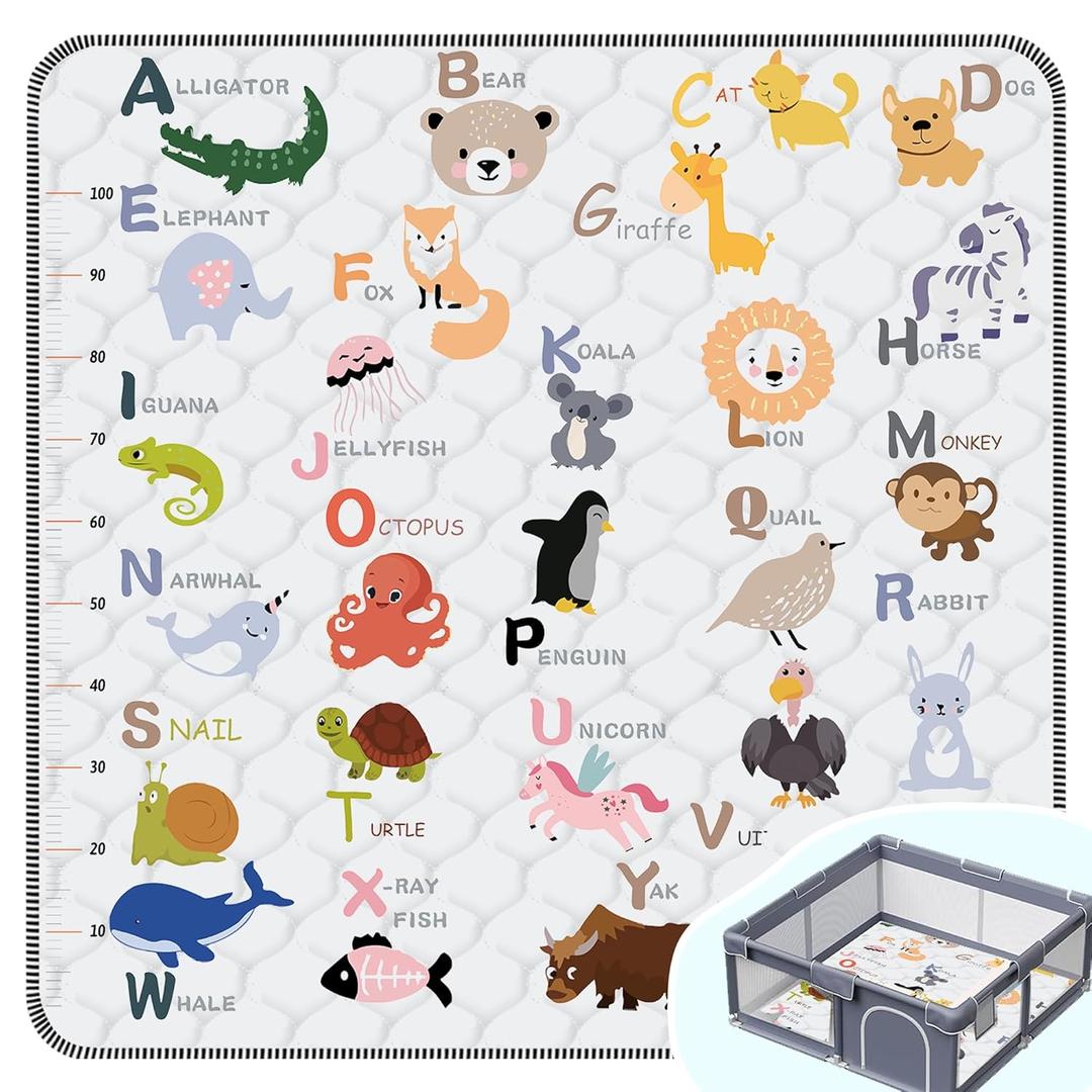 Baby Play MatThick Soft 71" X 79" Playpen mat, Non-Slip and Machine Washable Baby Play Mats for FloorCrawling Mat for Babies, Toddlers & Infants to Play and Learn (Animal Alphabet-A)