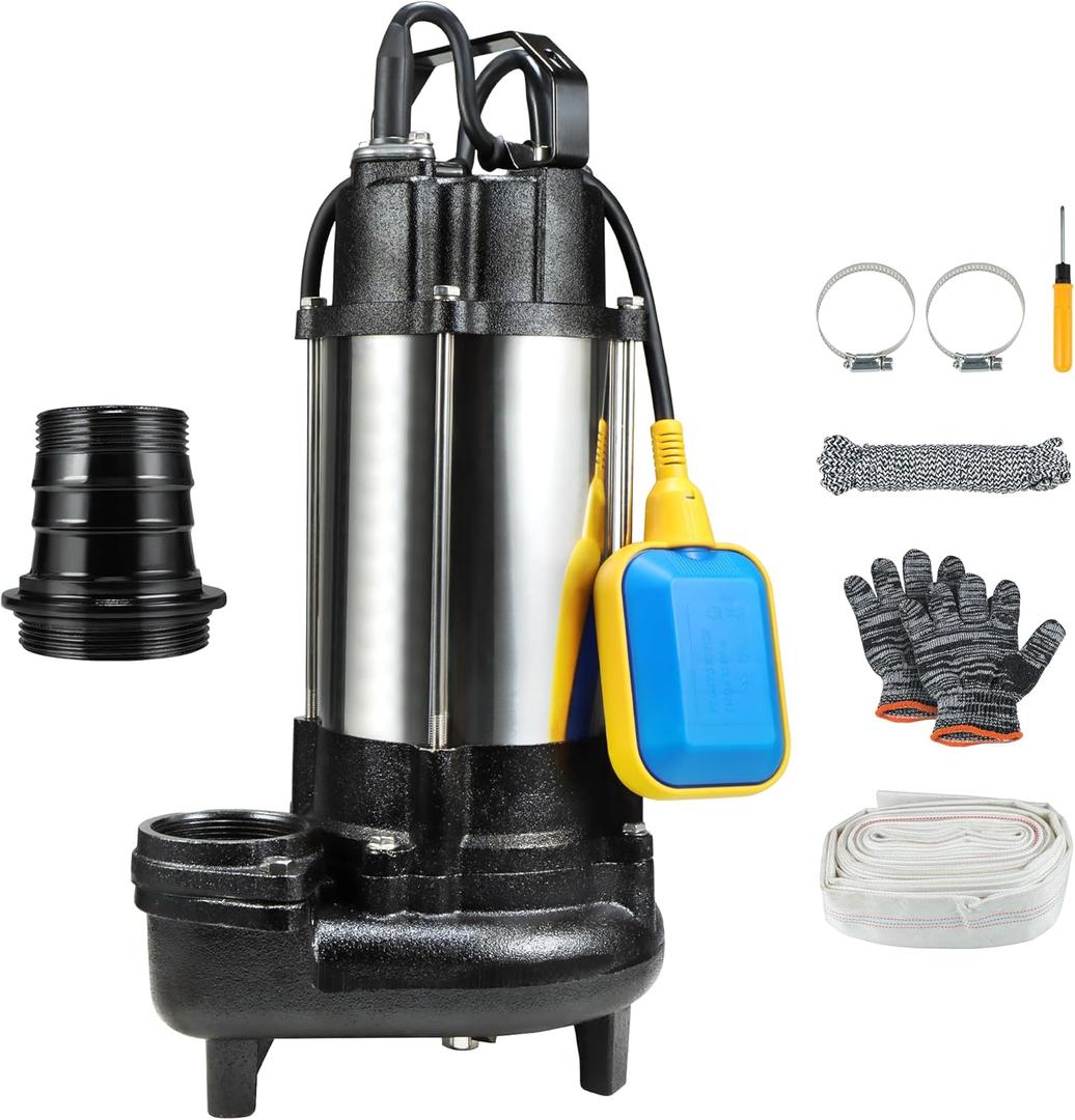 Sewage Grinder Pump, 1HP Submersible Sump Pump, 110V 6400GPH Cast Iron Effluent Pumps with Automatic Float Switch, 2'' NPT Discharge for Basement, Residential Sewage, Sump Basin