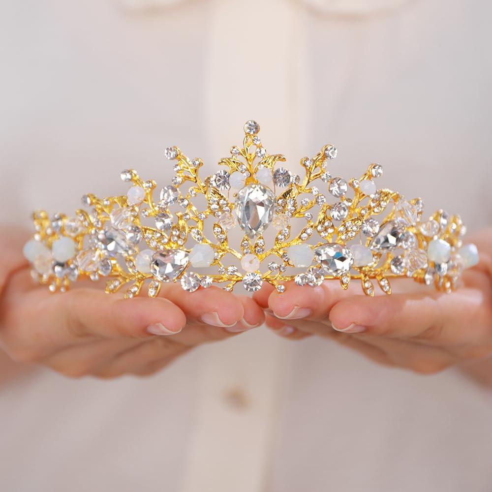 JWICOS Gold Headband Wedding Headband for Women Crystal Queen Hair Accessories Princess Headpiece for Bride Party Prom (Gold)