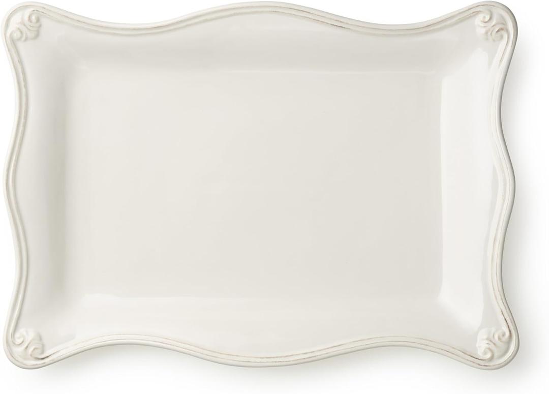 Heritage Scroll Rectangular Platter Elegant 14" x 10" Stoneware Serving Tray with Sculpted Edges Ivory Glazed Classic Serveware for Entertaining, Holidays, or Home Dcor