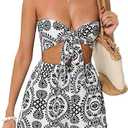SOLY HUX Women's 2 Piece Beach Vacation Outfits Graphic Print Strapless Tie Front Crop Tube Top and Shorts Set (Multicolor)