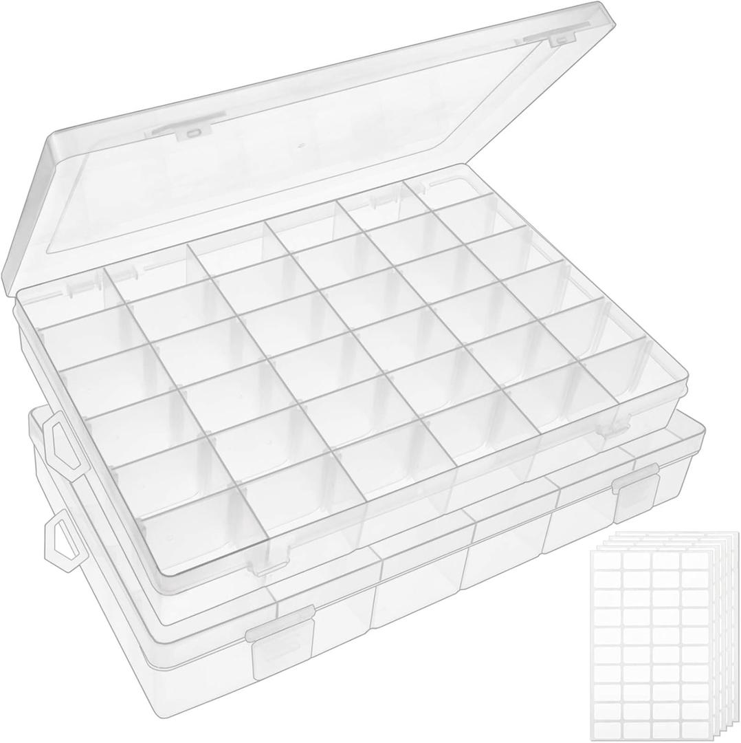 OUTUXED 2 Pack 36 Grids Clear Plastic Bead Organizer Box, Fishing Tackle Box Compartment Organizer with Adjustable Dividers for Jewelry, Art Craft, Bead Storage Containers with 5 Sheets Label Stickers