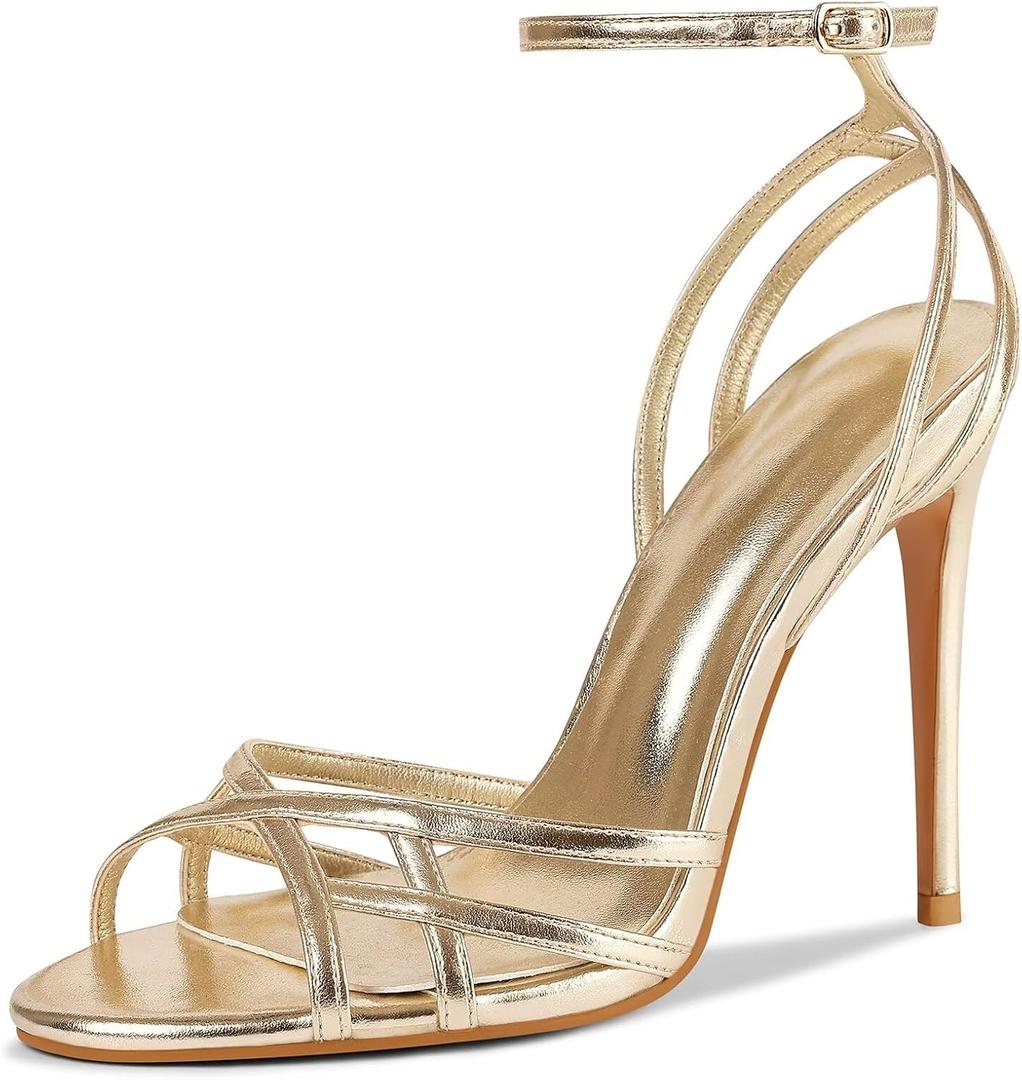 Womens Strappy Lace up Heels Sandals Sexy Stiletto High Heeled Open Square Toe Strap Summer Dress Shoes (7, Gold)