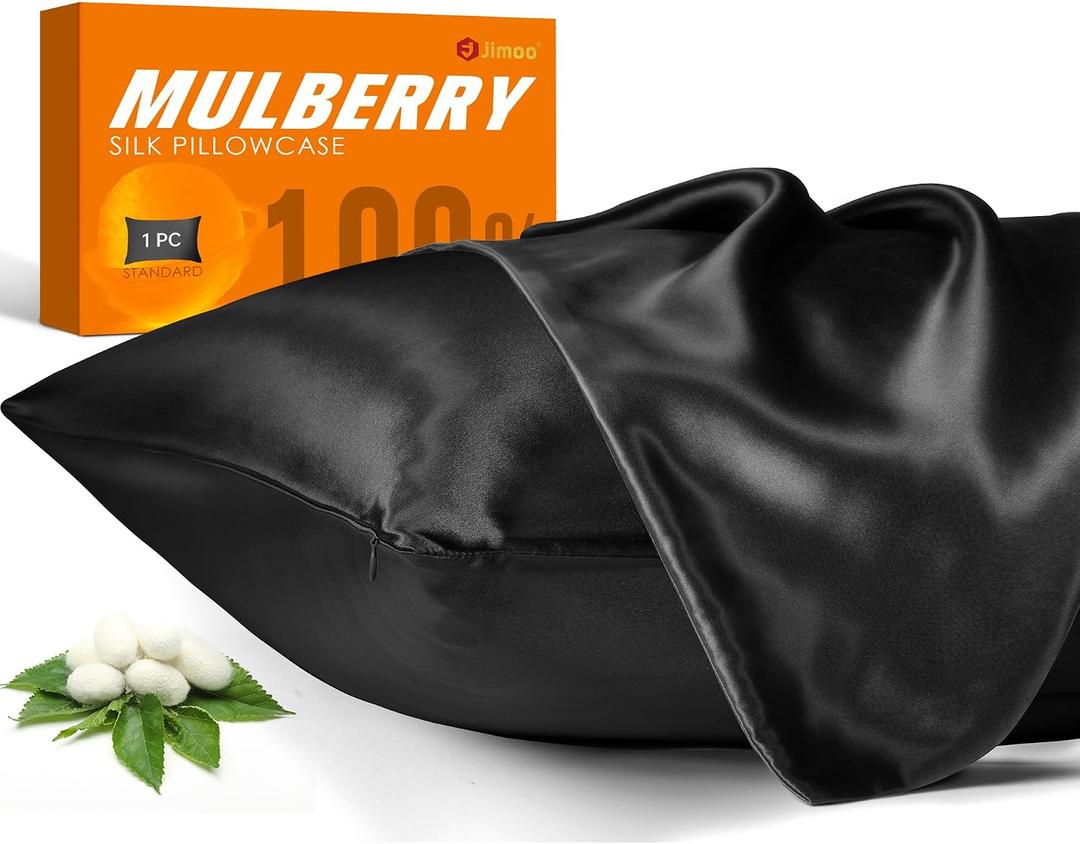 100% Mulberry Silk Pillowcase for Hair and Skin, 22 Momme Pure Natural Silk Pillow Case Both Sided with Zipper, Pillow Cover for Women Mom Men (Black, Standard 20''26'', 1 Pack)