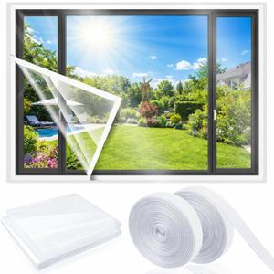 Beeveer 47 x 63 Inch Adjustable Window Insulation Kit for Summer Heat Cuttable Window Plastic Keep Warm in Winter Cool in Summer Transparent Film with Adhesive Straps Reusable Winterizing Cover