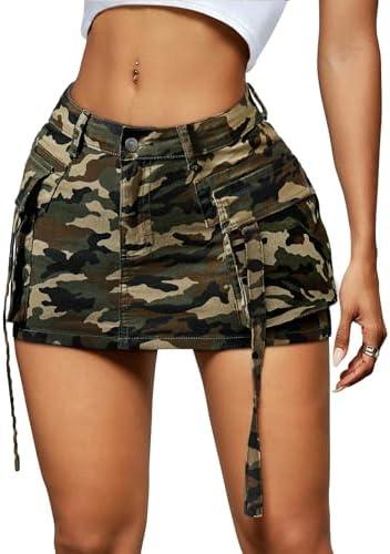 LOLILRSD Women Cargo Skirt Denim Mini Low Waist Y2K Jean Skirts with Pockets, L