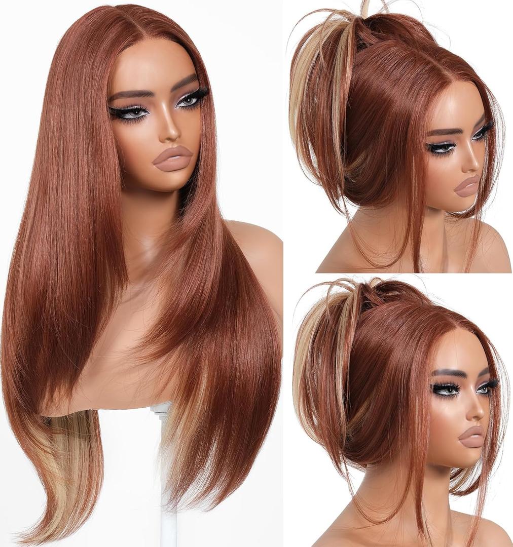 Cooper Blond Wear and Go Glueless Wigs Pre Plucked Pre Cut for Beginners Synthetic Lace Front Wigs For Woman With Bangs Long layered Straight 26 Inch Ginger Highlights 3 Seconds to Wear