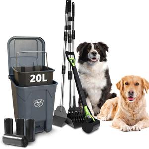 Dog Poop Outdoor Trash Can with Lid 20L/5Gal- Pedal & Removable Inner Bin,200 Waste Bags + 1 Green Long Handle Pooper Scooper+ 38" Long Handle Dog Pooper Scooper Rake Tray Spade Set