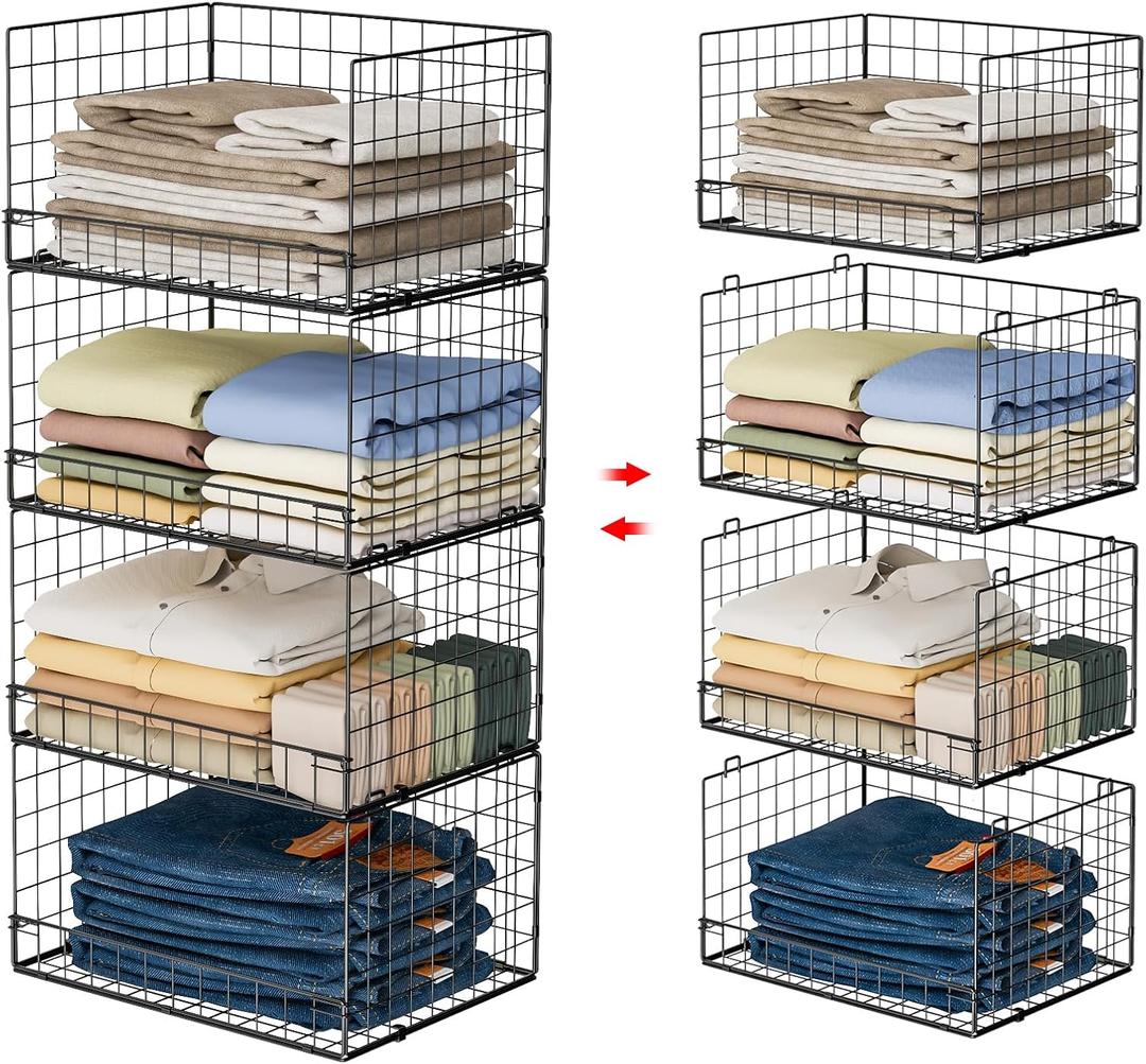 Stackable Closet Organizers and Storage Baskets, 4Tier Closet Shelf Organizer , SpaceSaving Clothes Storage Drawer, Foldable Clothes Storage Bins for Closet Organizer System, Black(Patent 30022416)