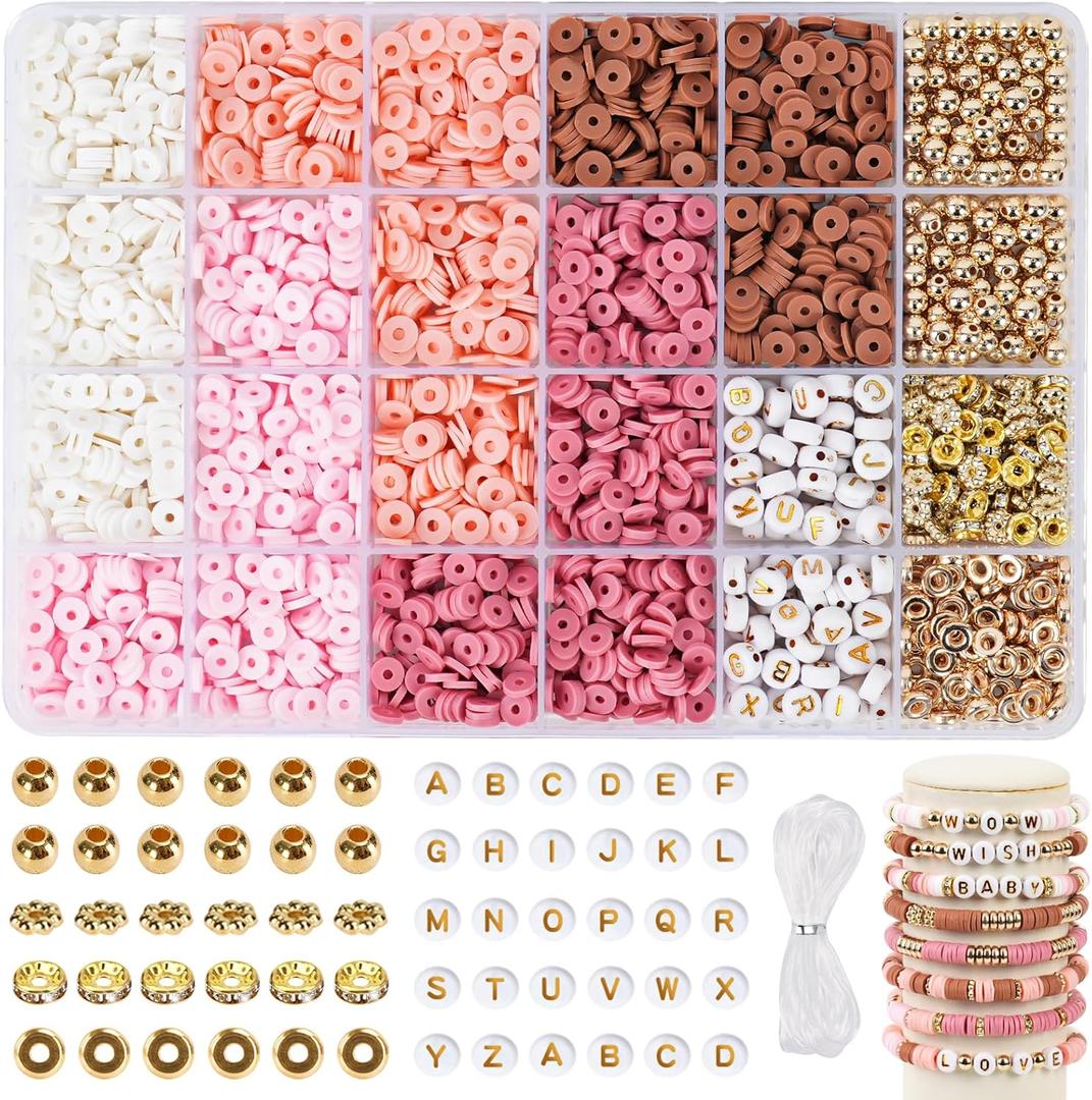 QUEFE Pink Bracelet Making Kit Friendship Bracelets 2850 Flat Clay Beads and Gold Spacer Beads for Jewelry Making, Crafts, Gifts and Birthday (Rose Smoke)