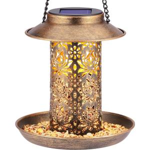 SWEETFULL Solar Bird Feeder for Outdoors Hanging, Metal Wild Bird Feeder for Cardinals Solar Garden Lantern with S Hook as Gift for Bird Lovers (2LBs Heavy Duty Birdfeeders)