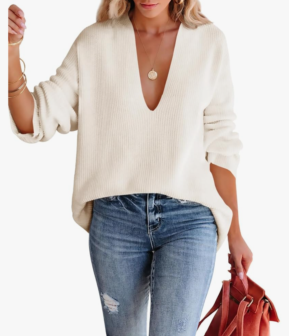 Imily Bela Womens Oversized Deep V Neck Sweaters Sexy Long Sleeve Tunic Sweater Knitted Dressy Pullover Jumper M