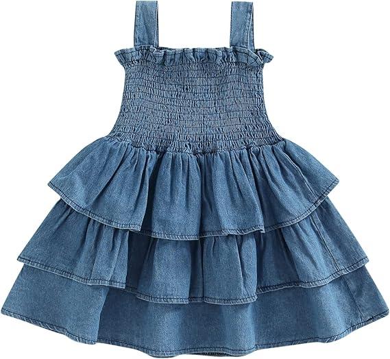 Newborn Baby Girls Denim Romper Skirt Straps Sleeveless Ruched Cake Smash Layered Dress Clothing
80