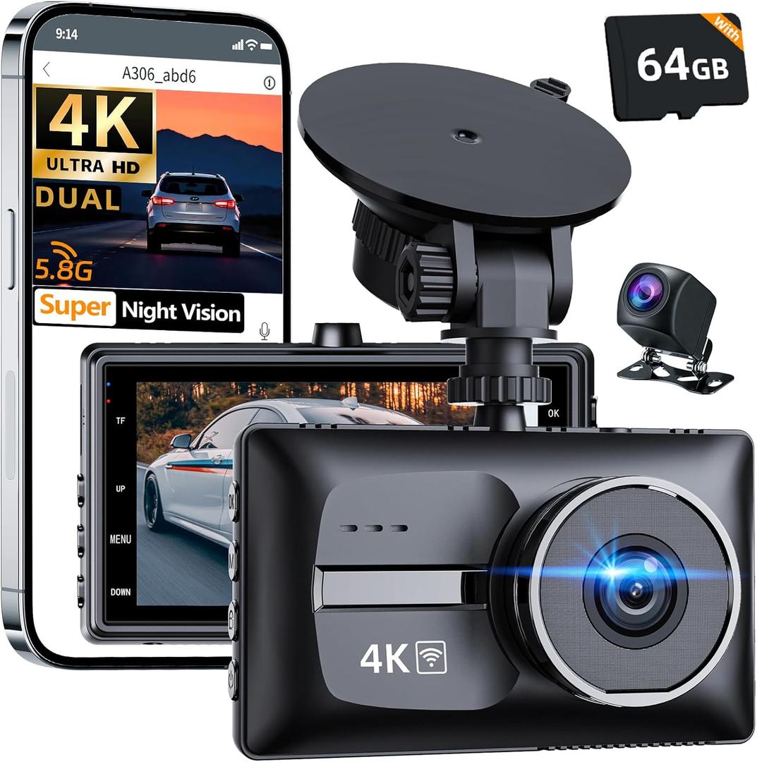 4K Front and FHD1080P Rear Dual Dash Cam Dash Camera,5.8G WiFi for Cars, 3.0" IPS Screen,UHD Night Vision 24H Parking, Dual 170 Wide Angle, WDR, G-Sensor,Free 64GB Card Can Supports 256GB Card Max