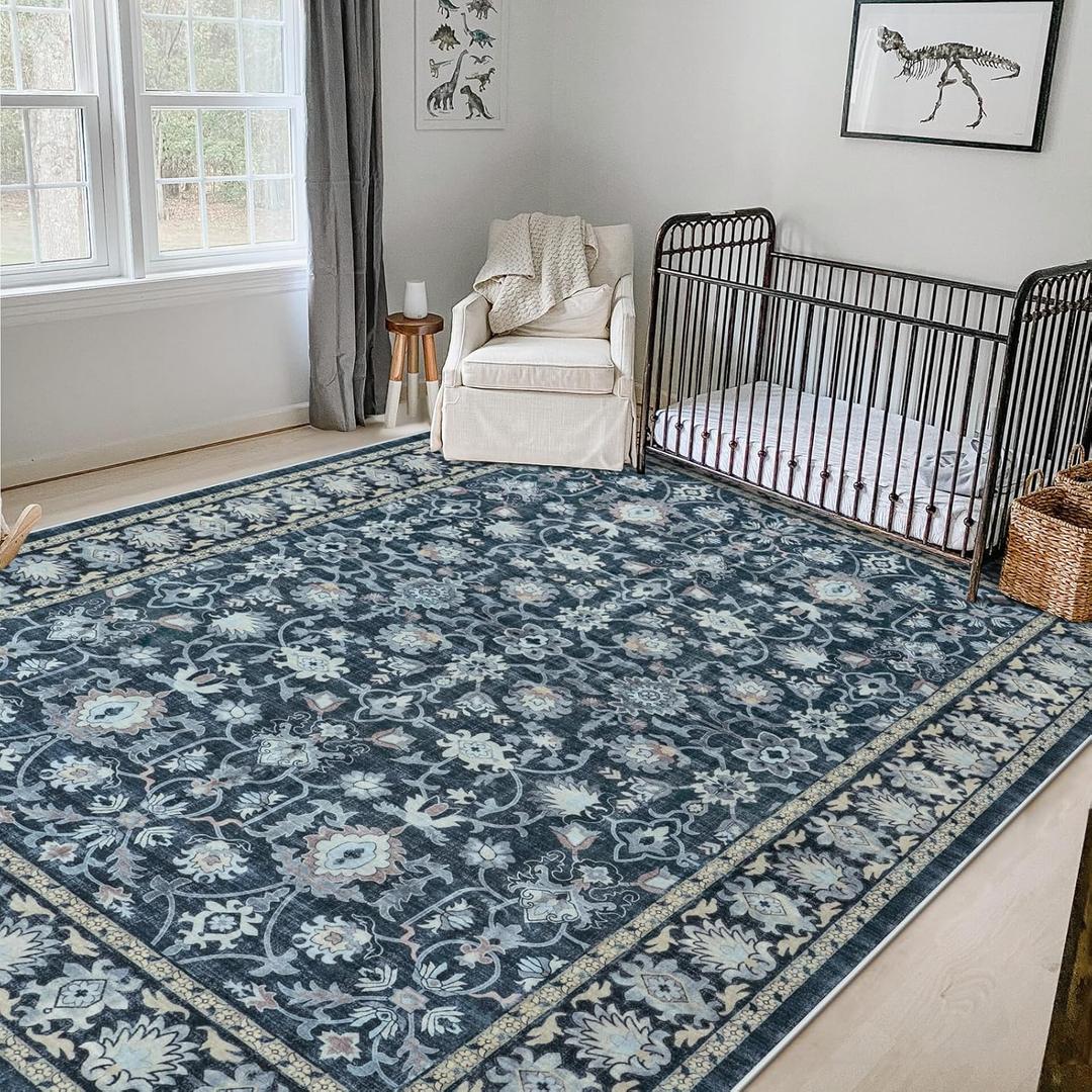 LIVEBOX Washable Area Rug 8x10 - Large Blue Boho Living Room Rug Vintage Rugs for Bedroom, Non-Slip Retro Floral Carpet Print Distressed Accent Rugs for Dining Room Home Office