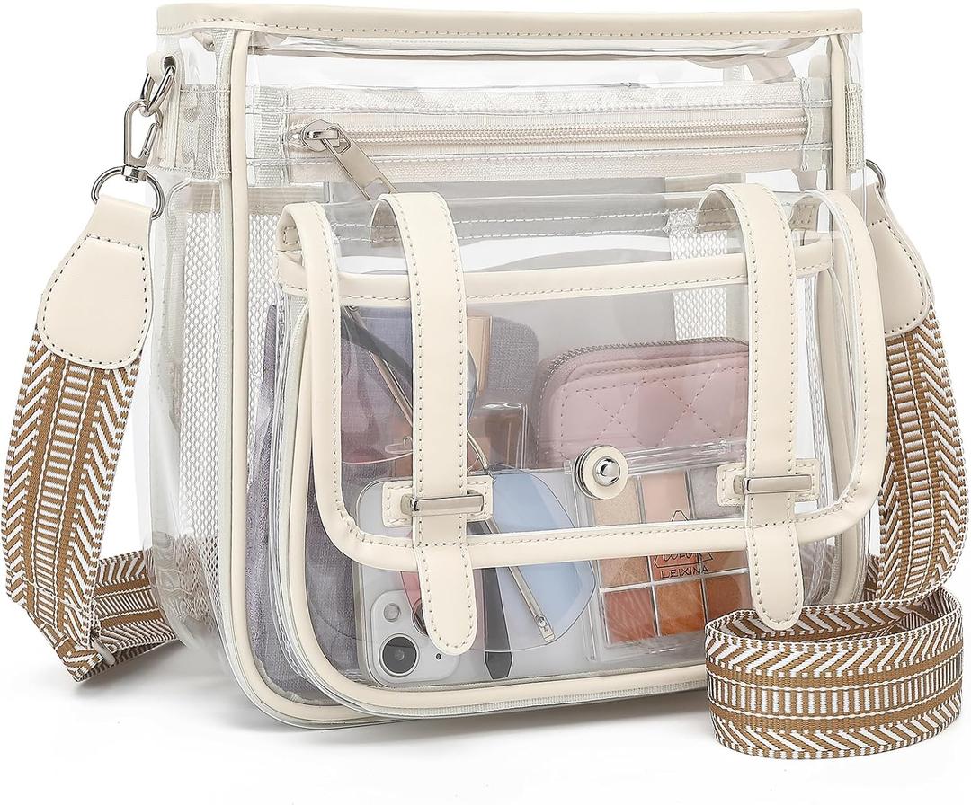 Clear Purse, PVC Clear Crossbody Bags for Women Heavy Duty Transparent Bag for Stadium Events See Through Concert Bag (Beige)