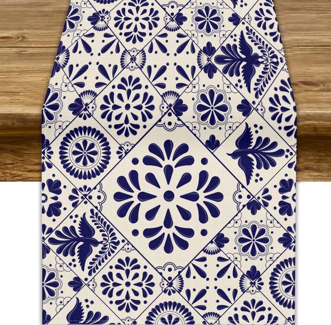 Traditional Mexican Table Runner, Talavera Style Beige Mexican Floral Bird Print Table Runner Holiday Home Picnic Party Dining Room Kitchen Decor, 13x120inch
