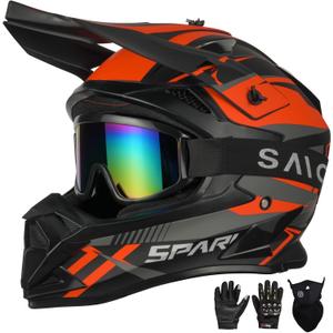 Adult Motocross Helmet ATV Dirt Bike Off-Road Full Face Motorcycle Helmet W/Goggles Gloves & Mask, DOT Approved (Vitality Orange, X-Large)