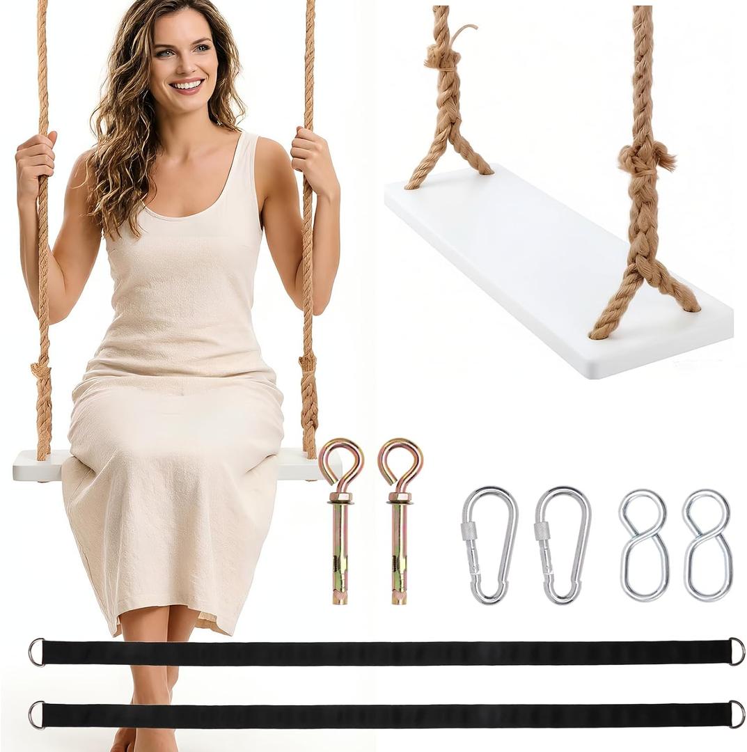 Hanging Wooden Swing for Adults, 500LBS Capacity, Adjustable Hemp Rope, Indoor/Outdoor Hanging Swing Set, Perfect for Patio, Yard, Ceiling, Includes Complete Mounting Hardware