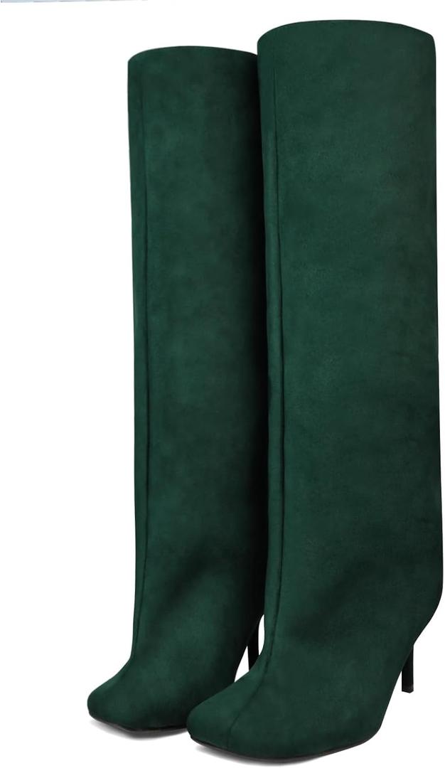 Knee High Boots Wide Calf Women Long Suede Square Toe Bootie Tall Cute Slouchy Fashion Boots Ladies Fall Booties (6, Dark Green)