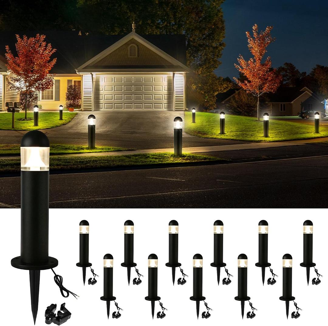 12 Pack Low Voltage Landscape Pathway Lights Wired, Outdoor Modern 12V LED Bollard Lights for Driveway Garden Walkway Yard Lawn (Included Connector), 2700K Warm White Waterproof, Black