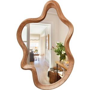 Irregular Wall Mirror,24"x 36"Asymmetrical Mirror Wood,Wooden Framed Wall Mirror,Modern Large Vanity Bathroom Mirror,Walnut Wavy Mirror for Entryway,Bedroom,Living Room,Washroom