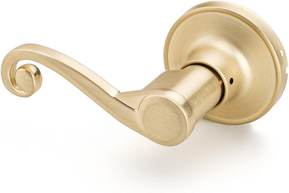 EHOMEWARE 1 Pack Satin Brass Door Lever, Closet/Pantry Dummy Door Handle, Push Pull Door Knobs Interior, No Lock No Key, Fit for Left Side Doors, Vintage Wave Design