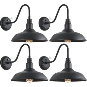 14 Inch Dusk to Dawn Barn Lights Outdoor, Large Gooseneck Barn Light, Matte Black Exterior Goose Neck Light, Outside Farmhouse Light Fixtures Wall Sconce for Porch, Garage, House, 4 Pack, 14" Dome X 4