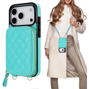 Bocasal Crossbody Wallet Case for iPhone 17 Pro, RFID Blocking PU Leather Zipper Handbag Purse Flip Cover, Kickstand Folio Case with Card Slots Holder Wrist Strap Lanyard 5G 6.3 Inch (Mint Gree)