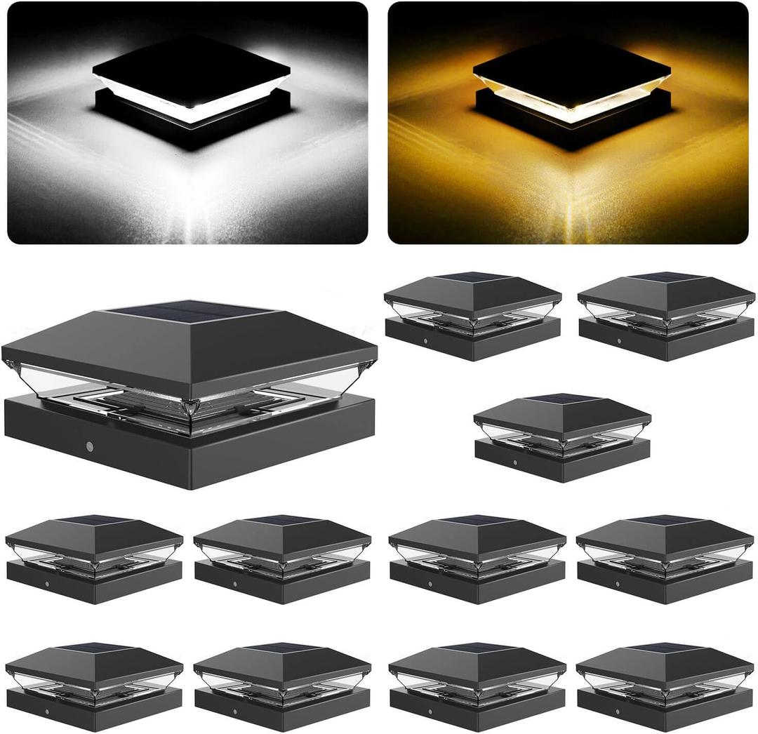 T-SUN Solar Post Cap Lights Outdoor 12 Pack, 2 Modes LED Fence Post Solar Lights Fit for 4x4 5x5 6x6 Vinyl/Wooden Posts, Waterproof Deck Post Lights Solar Powered for Garden Patio Gate Porch (Black-Warm & Cool White)