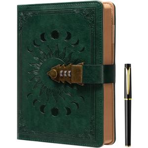 ZXHQ Lock Journal with Pen, A5 240 Pages Diary with Lock, Brown Edge, Refillable, Leather Hardcover (8.5  5.9inch) Dark Green