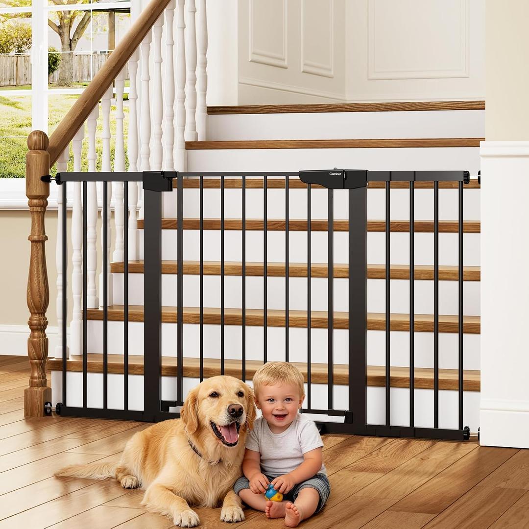 Cumbor 30-54" Extra Wide Baby Gate for Stairs, Dual Lock & Self-Closing Dog Gate Indoor, Easy Install Pet Gate for Doorways, Hallways & Kitchen, Easy Walk Thru Safety Proofing for Babies & Pets, Black