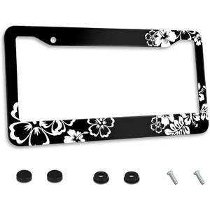 Personalized License Plate Frame Beautiful Hibiscus Flowers Stainless Steel License Plate Holder Accessory Decorative 2 Holes and Screws Fits US Standard License Plates 12.2 x 6.3 in for Men Women (One size)