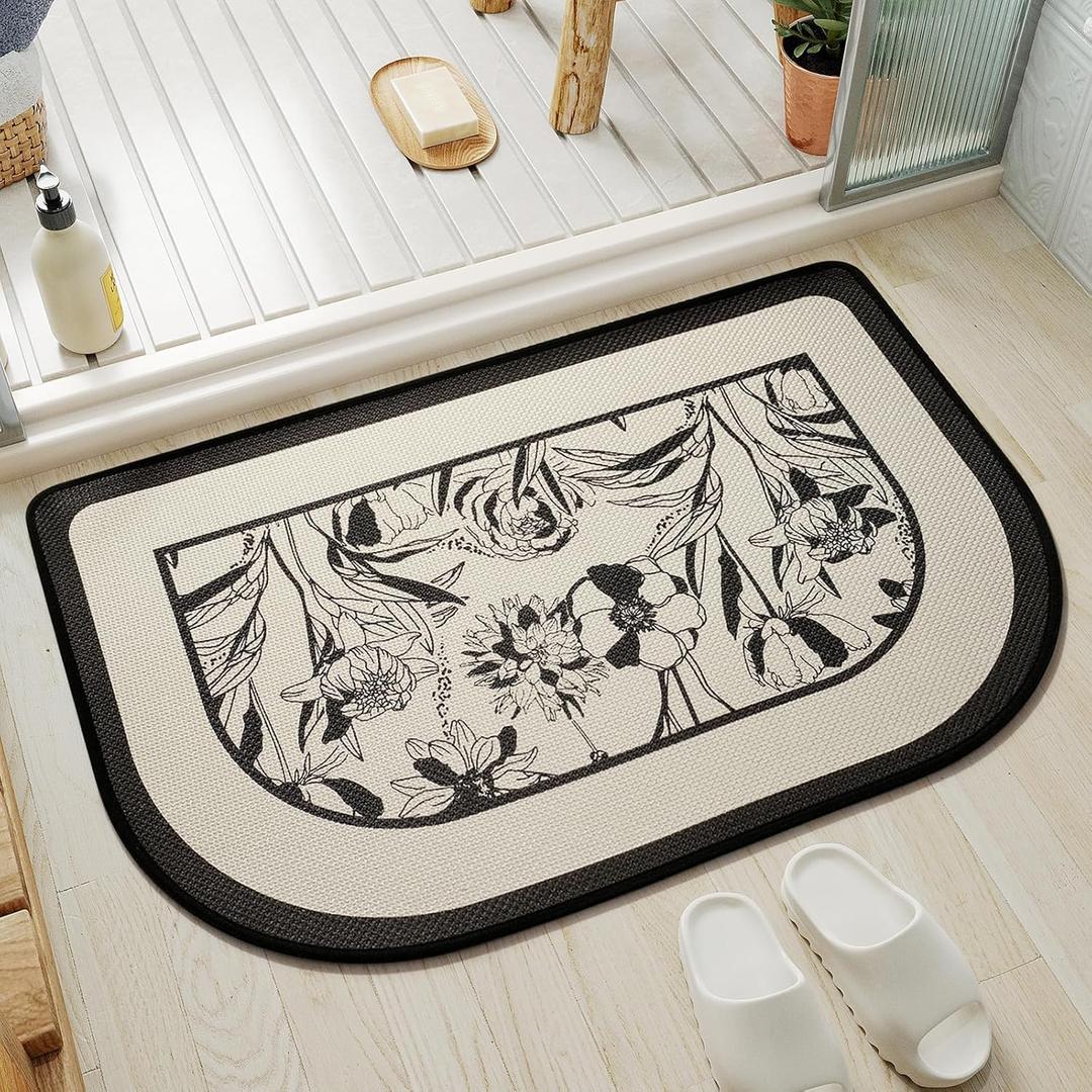 Half Circle Bath Mat, Thin Bathroom Rugs Fit Under Door Quick Dry Non Slip Washable Bathroom Mat with Rubber Backing, Absorbent Half Round Shower Rug (16" X 24, C- Flower Black)