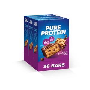Pure Protein Bars, High Protein, Nutritious Snacks to Support Energy, Low Sugar, Gluten Free, Chewy Chocolate Chip, Pack of 36, BBD: 04/30/2025