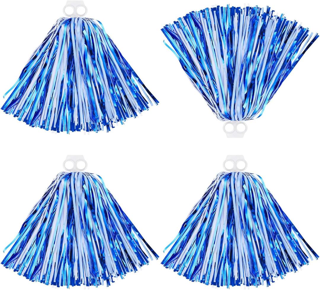 Thenshop Cheerleading Pom Poms 4 Pack Cheerleader Squad Spirited Fun Pompoms Cheer Hand Flowers Metallic Foil Pompoms for Adults Sports Meeting Team Spirit Cheering Party (Blue and White)